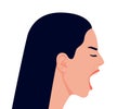 Scream and rage angry woman with open mouth in stress, head profile. Girl in stress, aggression and irritation, rude and