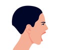 Scream and rage woman with open mouth, head profile. Girl in stress, aggression and irritation, rude and mad. Angry