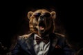 Screaming Bear In Suit And Sunglasses On Black Background. Generative AI