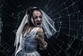 Screaming bride against cracked glass