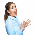 Screaming business woman. Positive model emotion. Isolated. Royalty Free Stock Photo