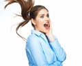 Screaming business woman. Positive model emotion. Isolated. Royalty Free Stock Photo