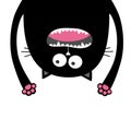 Screaming cat Head silhouette hanging upside down. Two eyes, teeth, tongue, hands. Black Funny Cute cartoon character. Baby collec Royalty Free Stock Photo