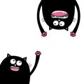 Screaming cat set. Head silhouette. Two eyes, teeth, tongue, hands. Hanging upside down. Black Funny Cute cartoon character. Baby Royalty Free Stock Photo