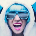 Screaming girl in hoodie Teddy Bear on a blue background. Royalty Free Stock Photo