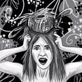 Screaming girl with a washcloth on her head. Comic fantasy