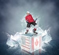 Screaming hockey player on abstract ice cubes background Royalty Free Stock Photo