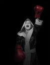 Screaming little boxer in red gloves black and white image