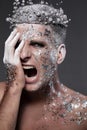 Screaming Man Fantasy Portrait. Silver Body Art. King of night