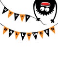 Screaming monster head silhouette. Bunting flags pack Happy Halloween letters. Flag garland. Hanging upside down. Black Funny Cute