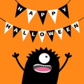 Screaming monster head silhouette. Bunting flags pack Happy Halloween letters. Hanging flag garland. Black Funny Cute cartoon baby Royalty Free Stock Photo