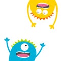 Screaming monster set. Head silhouette. Two eyes, teeth, tongue, hands. Hanging upside down. Funny Cute cartoon character. Baby co