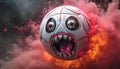 A screaming soccer ball flying through smoke