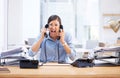 Screaming, stress and business with woman, telephone and workflow crisis with deadline, frustrated and burnout Royalty Free Stock Photo