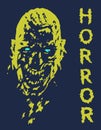 Screaming vampire head in blue and yellow colors. Vector illustration.