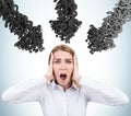 Screaming woman and arrows of question marks Royalty Free Stock Photo