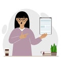 Screaming woman with open mouth holding a clipboard with a document and points his finger at it. Vector