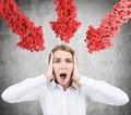 Screaming woman and red arrows of question marks Royalty Free Stock Photo
