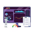 AI risk management in trading illustration with analysis display, checklist, and humanoid