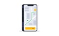 Screen of the city navigation map with the route to the selected address point in the mobile phone application. Phone