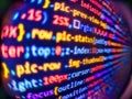 Screen close up. Background of software developer script. Screen display of computer script coding. Developing programming binary