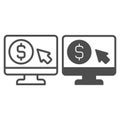 Screen with dollar and cursor line and solid icon, bank account concept. Vector graphics. Monitor with coin and mouse
