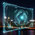 The screen features glowing blue lines and green matrix like code Royalty Free Stock Photo