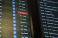 Screen with information on flight departures, all on schedule except one delayed Royalty Free Stock Photo