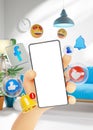 Screen Mockup Template Cute Hand Holding Smart Phone Facebook Icons in Living Room Future Modern Life Concept 3D Render