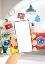 Screen Mockup Template Cute Hand Holding Smart Phone Youtube Icons in Living Room Future Modern Life Concept 3D Render Royalty Free Stock Photo