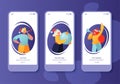 Screen set collection for mobile app page on winter holidays theme. Website layout with flat people characters celebrating New Yea