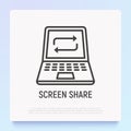 Screen share thin line icon: opened laptop with arrows. Modern vector illustration