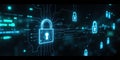 A screen showing encrypted data being transferred with glowing digital locks in the foreground. The background is a dark, tech Royalty Free Stock Photo