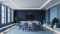 Modern Blue Conference Room with Large Table Chairs and Screen Display Surrounded by Natural Light and Plants Royalty Free Stock Photo