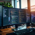 Screen symphony Office programmers write, develop, and learn digital coding Royalty Free Stock Photo