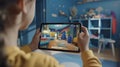 The screen of a tablet showing an augmented reality app for children with animated characters teaching them how to use a