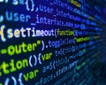 Screen of web developing code on dark background. Mobile app building. Front-end applications in the color concept. Computer Royalty Free Stock Photo