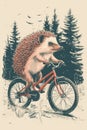 Screenprint of a cyclist hedgehog