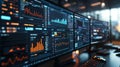 The screens show graphics of financial markets, with trading software open and active.