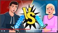 Screensaver of video post. Man and woman game bloggers tell about computer games recording video