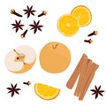 Cinnamon, clove spice, yellow apple, orange. Royalty Free Stock Photo