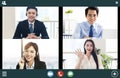 Screenshot of smiling business group online brainstorm on video conference