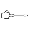 Screw driver in hand tool in use Arm with screwdriver for unscrewing contour outline icon black color vector illustration flat