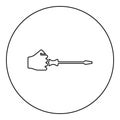 Screw driver in hand tool in use Arm with screwdriver for unscrewing icon in circle round black color vector illustration solid