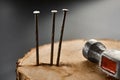 Screw nails and hammer on stump, grey background