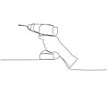 Screwdriver in hand, drill, tighten screws, make a hole in the wall one line art. Continuous line drawing of repair