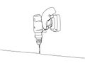 Screwdriver in hand, tighten screws, make a hole hole in the material one line art. Continuous line drawing of repair