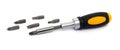 Screwdriver with interchangeable bits on white isolated background