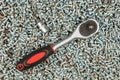 Screwdriver is lies on a pile of screws. Tools, screws made of steel. Industrial background Royalty Free Stock Photo