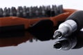Screwdriver with phillips head with various bits in a case in the background reflected Royalty Free Stock Photo
